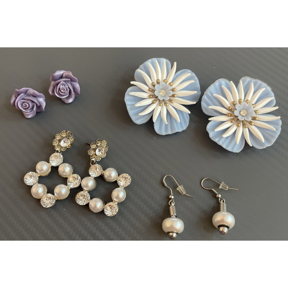 Vintage Lot of 4 Pierced Earrings Studs Clip Dangle Some Metal Mixed